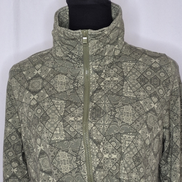 Soft Surroundings Green Patterned Ruched Neck Peplum Waist Zip Jacket - Size M - Picture 5 of 11